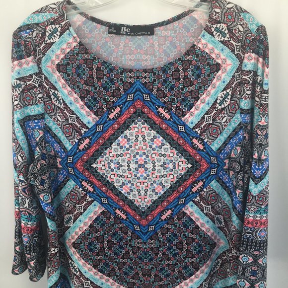 Women Dress Knit Sz 16 Be by Chetta Black Multi Print Half Sleeve Midi Colorful - Picture 2 of 8